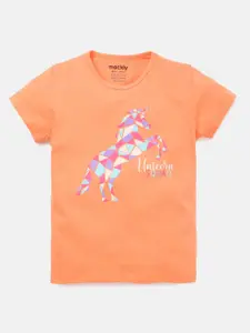 mackly Girls Peach-Coloured Printed Cotton T-shirt