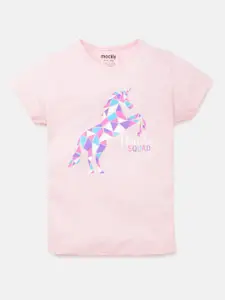 mackly Girls Pink Printed Cotton T-shirt