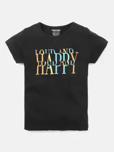 mackly Girls Black Typography Printed T-shirt