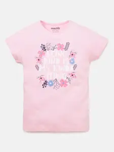 mackly Girls Pink Floral Printed Cotton T-shirt