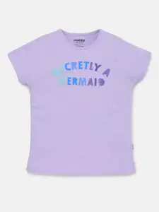 mackly Girls Lavender Typography Printed Cotton T-shirt