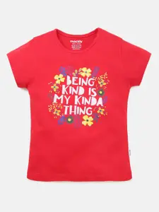 mackly Girls Red Typography Printed Cotton T-shirt
