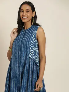 Taavi Women Blue & White Ethnic Motifs Printed A-Line Indigo Midi Dress