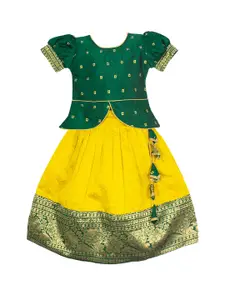 AMIRTHA FASHION Girls Green & Yellow Woven Design Ready to Wear Lehenga & Blouse