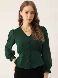 Antheaa Women Green Solid Dobby Weave Top