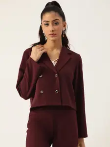 Antheaa Women Burgundy Solid Double Breasted Casual Blazer
