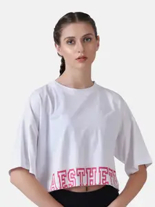 Aesthetic Bodies Women White Typography Drop-Shoulder Sleeves Oversized  T-shirt