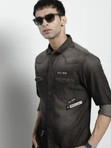 The Indian Garage Co Men Charcoal Black Chambray Comfort Slim Fit Casual Shirt