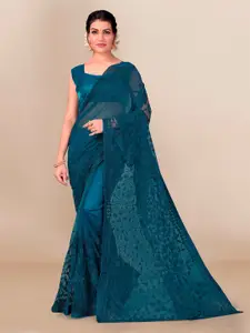 VAIRAGEE Navy Blue Floral Embroidered Net Saree