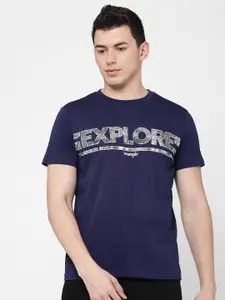 Wrangler Men Blue & Beige Typography Printed Cotton T-shirt