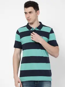 Wrangler Men Green & Navy Blue Striped Polo Collar Regular Fit Cotton T-shirt