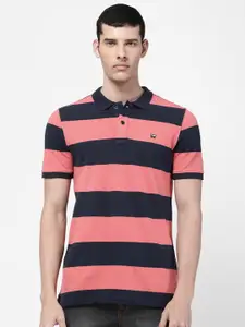 Wrangler Men Pink Striped Polo Collar Cotton T-shirt