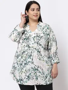 KLOTTHE Plus Size Women Beige & Green Floral Print Mandarin Collar Cotton Longline Top