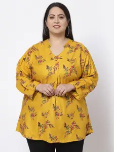 KLOTTHE Yellow Floral Print Mandarin Collar Longline Top
