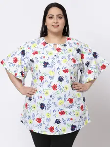 KLOTTHE Plus Size Women Multicoloured Floral Print Cotton Keyhole Neck Top