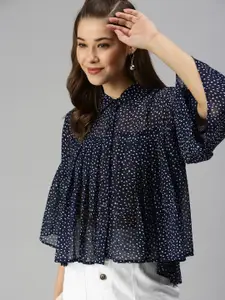 SHOWOFF Women Navy Blue Print Shirt Style Top