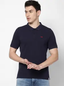 Lee Men Navy Blue Polo Collar Slim Fit Cotton T-shirt