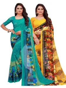 Florence Pack of 2 Yellow & Turquoise Blue Printed Pure Georgette Saree