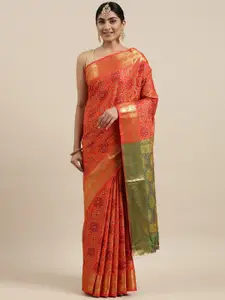 MS RETAIL Red & Green Woven Design Zari Silk Blend Patola Saree