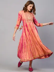 FASHOR Peach-Coloured Ethnic Motifs Embroidered Ethnic Maxi Dress