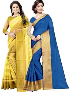 SAADHVI Blue & Gold-Toned Set of 2 Striped Zari Silk Cotton Saree