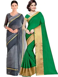 SAADHVI Green & Grey Striped Silk Cotton Saree Pack Of 2