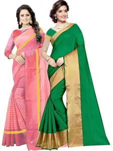 SAADHVI Green & Peach-Coloured Striped Silk Cotton Saree Pack Of 2
