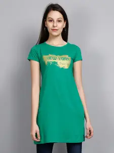 Fleximaa Green Print Pure Cotton Longline Top With Slit