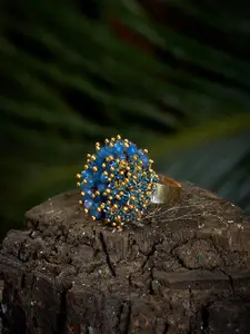 D'oro Gold-Plated Blue Beaded Adjustable Finger Ring