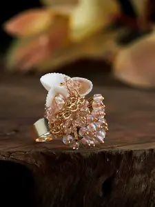 D'oro Gold-Plated Peach Adjustable Finger Ring With Pearls & Metallic Beads