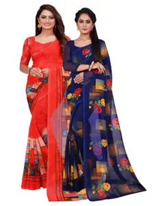 Florence Pack of 2 Red & Blue Floral Pure Georgette Sarees