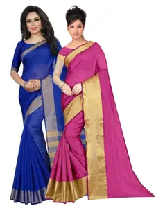 SAADHVI Pink & Blue Zari Silk Cotton Saree