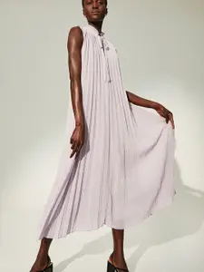 H&M Women Purple Solid Tie-Detail Pleated Dress