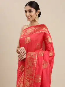 Mitera Red & Gold-Toned Ethnic Motifs Zari Silk Cotton Kanjeevaram Saree