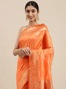 Mitera Orange & Gold-Toned Ethnic Motifs Zari Pure Silk Kanjeevaram Saree