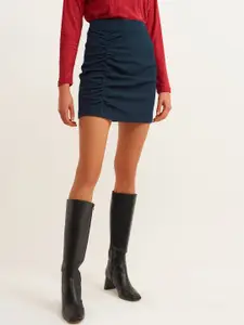OXXO Women Navy Blue Self-Design Ruched Mini Skirt