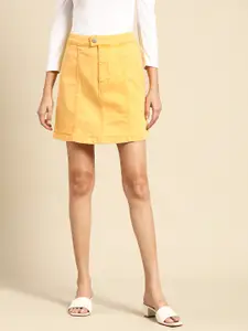 OXXO Women Yellow Denim Straight Hem Above Knee Knitted A-line Skirt