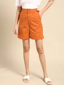 OXXO Women Rust Orange Solid High-Rise Cut Out Detail Bohemian Woven Shorts