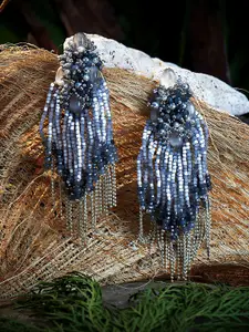 D'oro Grey & Silver-Toned Contemporary Tasselled Drop Earrings