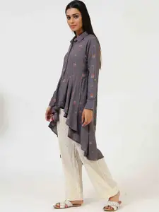 bellamia Women Grey Floral Print Shirt Style Longline Top