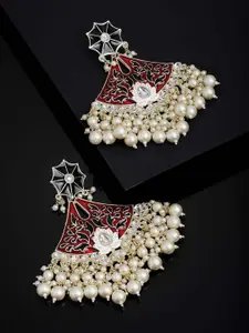 PANASH Gold-Plated White & Red Kundan Pearls Meenakari Chandbalis Earrings