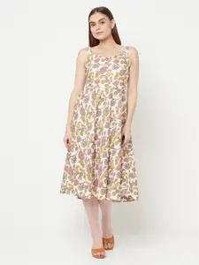 RAASSIO White & Yellow Floral Printed Fit and Flare Dress