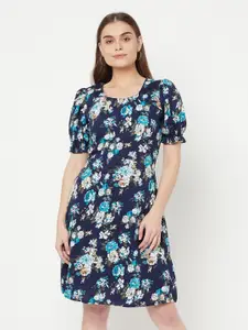 RAASSIO Women Blue Floral Crepe A-Line Dress