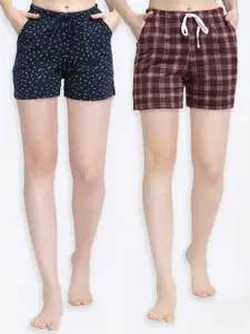 Kanvin Kanvin Women Pack of 2 Navy Blue & Brown Printed Pure Cotton Lounge Shorts