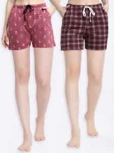 Kanvin Kanvin Women Pack of 2 Pink & Brown Checked Lounge Shorts