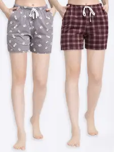 Kanvin Kanvin Women Grey & Brown Set Of 2 Checked Cotton Lounge Shorts