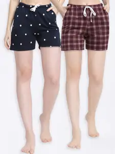 Kanvin Kanvin Women Pack of 2 Navy Blue & Brown Checked Lounge Shorts