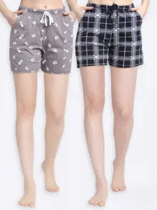Kanvin Women Grey & Navy Blue Set Of 2 Checked Cotton Lounge Shorts
