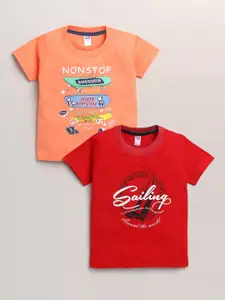 Nottie Planet Boys Peach-Coloured & Red Pack of 2 Typography Printed Cotton T-shirt