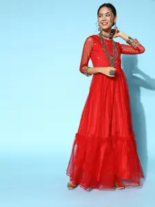 Inddus Women Attractive Red Embellished Ethereal Embroidery Dress
